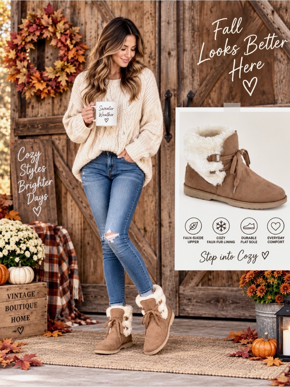 Makalu Rochelle Brown Faux Fur Lined Lace-Up Ankle Bootie Women US 11 M